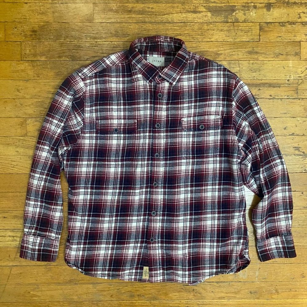 Jachs red, navy, and white flannel shirt.